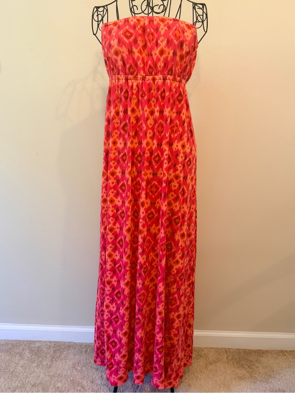 Woman's Route 66 Boho Summer Long Strapless Orange & Red Maxi Sundress Size XL